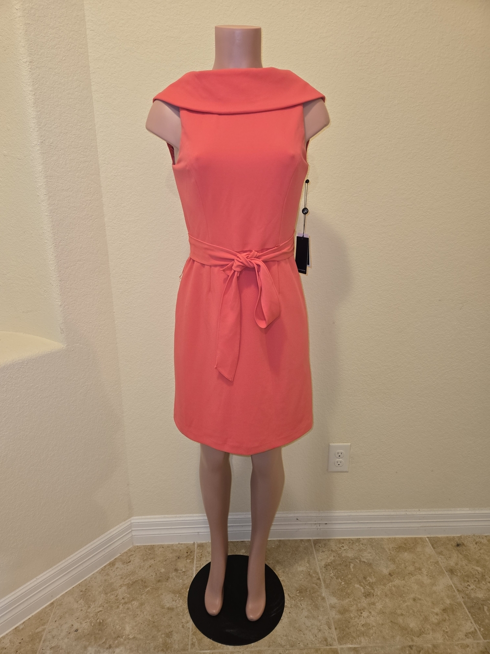 Adrianna Papell Coral Tie-Waist Boatneck Mini Dress